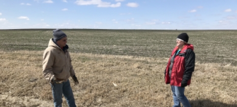 Farmer and SWCD staff member stand in a field where a cover crop greens up on March 31