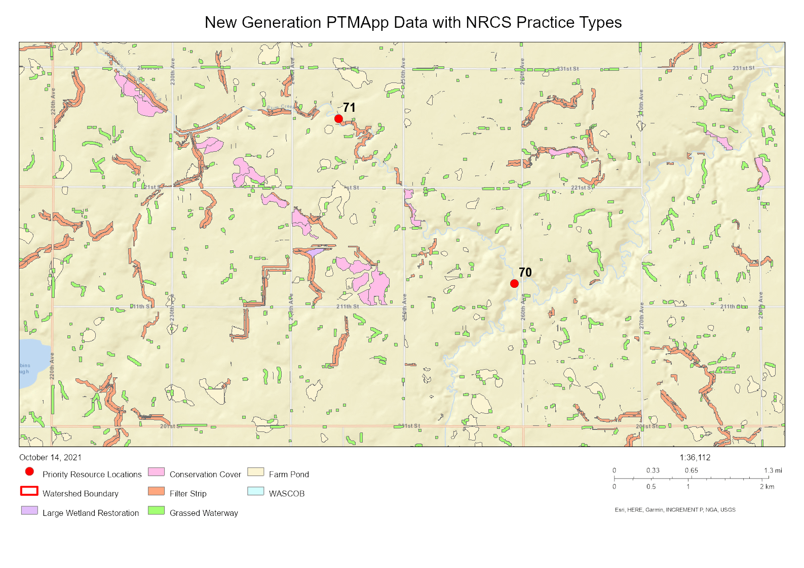 Graphic shows a sample of the PTMApp map with NRCS practice type locations displayed.