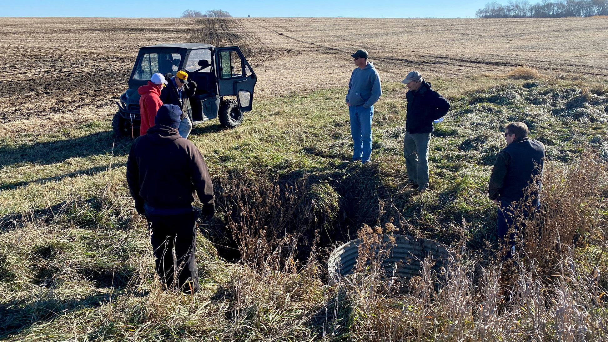 A small group of people stands at the edge of a field