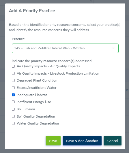 Screenshot of Add New Priority Practices popup in eLINK