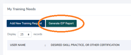 Screenshot of Generate IDP Report button in eLINK, located on the My Training Needs page.