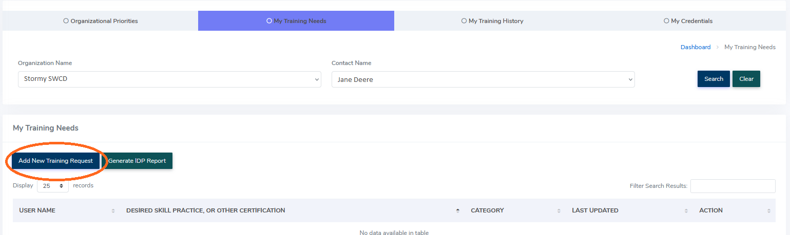 Screenshot of My Training Needs screen in eLINK, with Add New Training Request button circled.