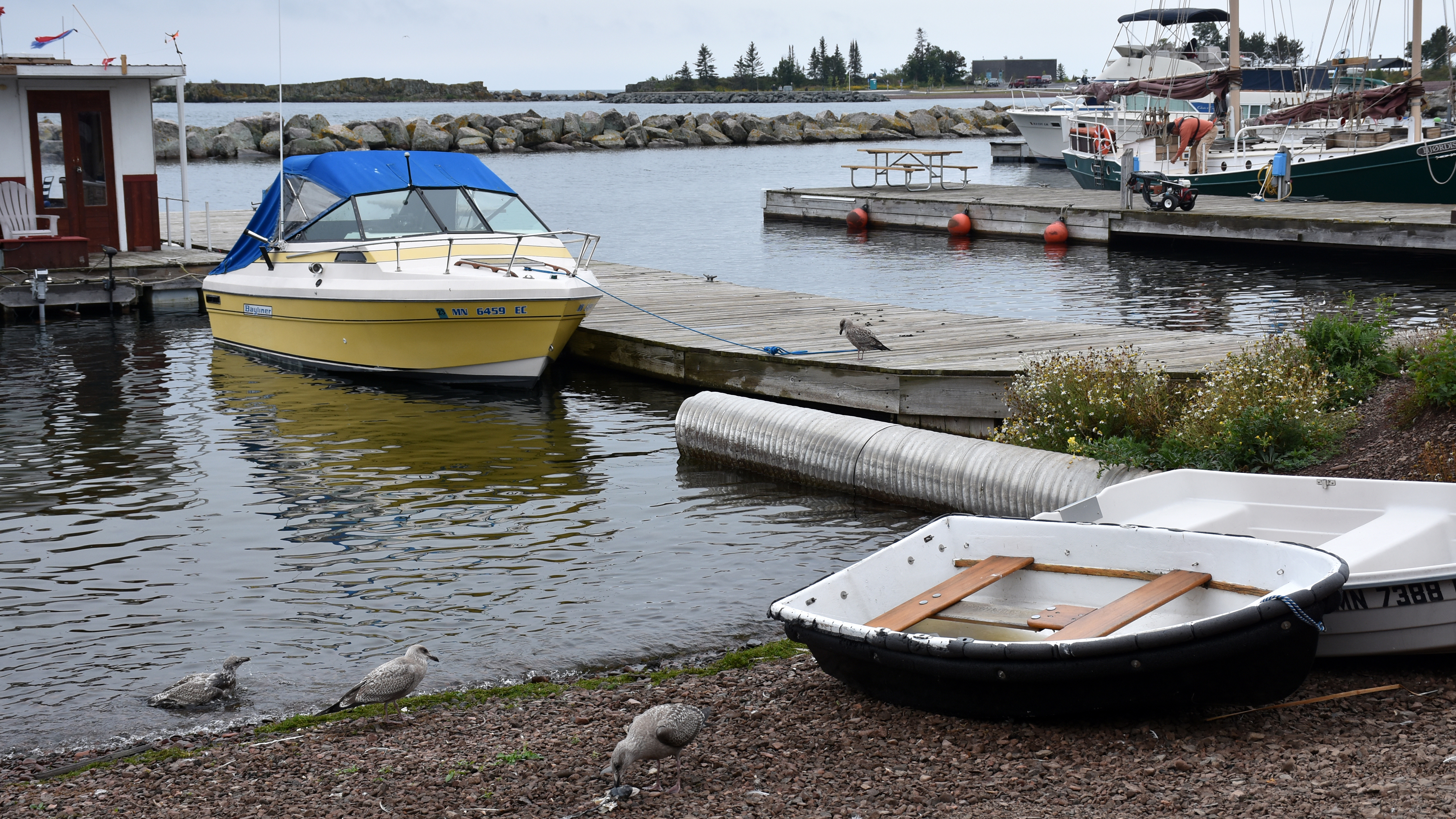 small boats on shore and tied to docks