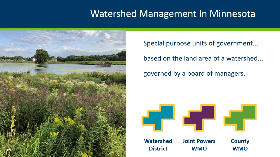 a screen shot from a video showing a photo of a wetland, text, and graphics representing watershed types