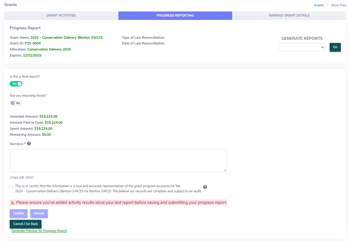 Final Report with no funds to return