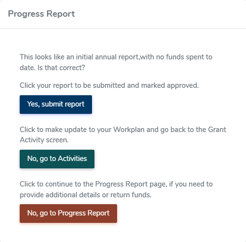 Progress Report prompt when no funds spent