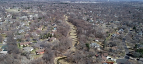 An aerial view of the remeandered Middle Sand Creek looks upstream from the BNSF Railway stream crossing on April 1, 2021