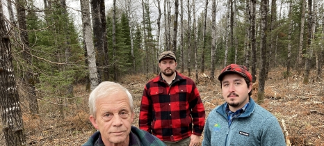 Three men stand in a clearing in the woods