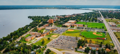 Aerial view of a town on a lake