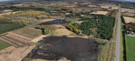 An aerial view of a peatland site, with visible peatland soils, in Morrison County after restoration work