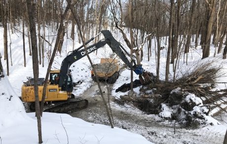 A crew from Minnesota Native Landscapes worked Dec. 19, 2019, on a Pioneer-Sarah Creek Watershed Management Commission project to stabilize a ravine in the Baker Park Reserve campground. 