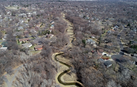 An aerial view of the remeandered Middle Sand Creek looks upstream from the BNSF Railway stream crossing on April 1, 2021
