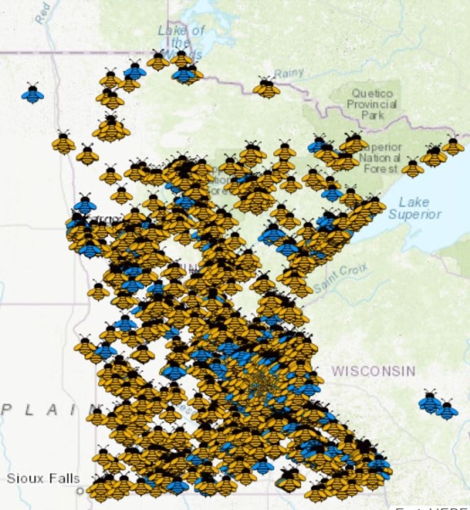 A map of project locations for the Lawns to Legumes program depicted by yellow and blue bee icons