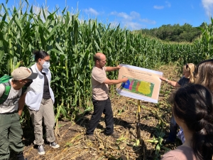 A group of people listen to a presentation in a crop field