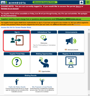 Screenshot of MN Supplier Portal Website, with the Sign in button highlighted