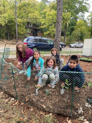 Children plant native plants in a garden