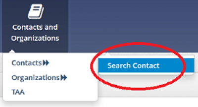 Image shows eLINK navigation. From Contacts and Organizations, click Contacts, then Search Contact, 